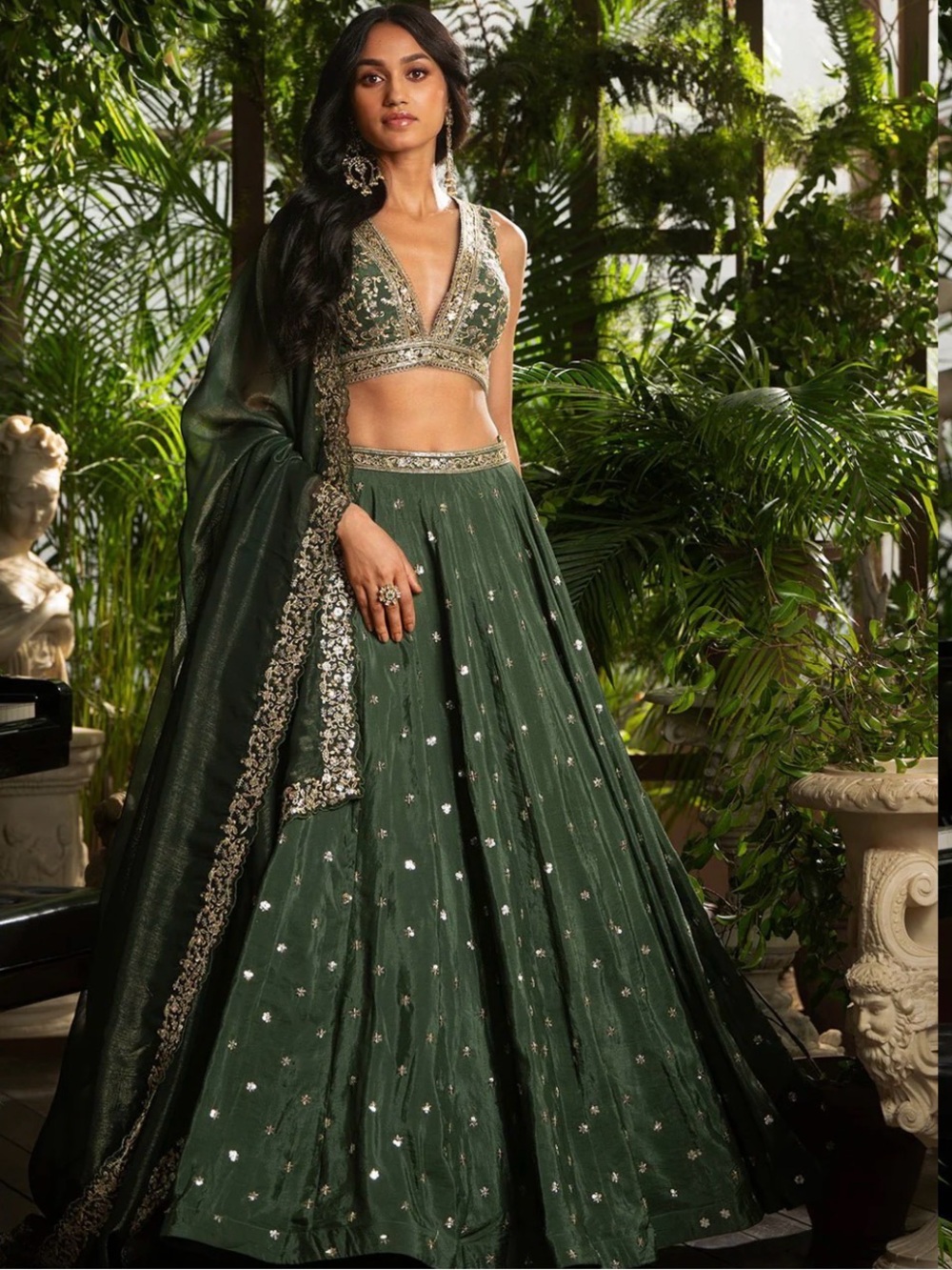 Elegant Dark Green Embroidered Lehenga Skirt Set